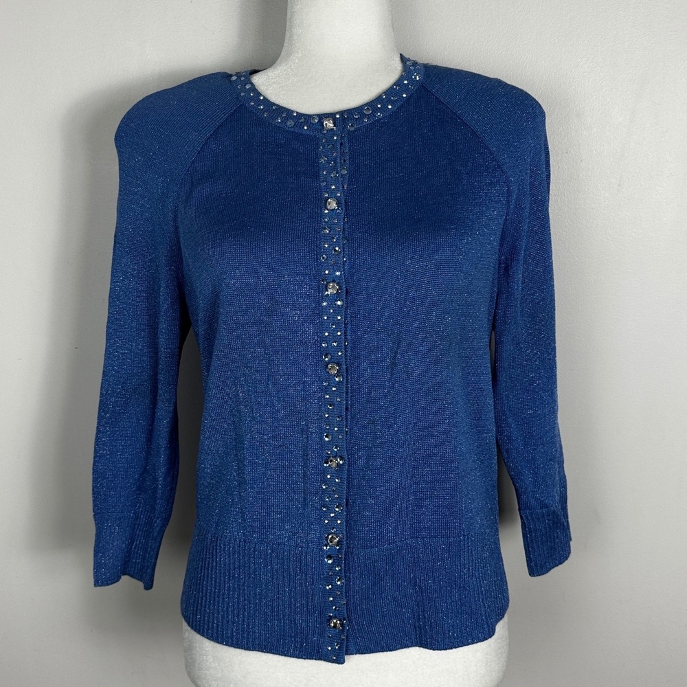 St. John Collection Cardigan Sweater Size 6 Metallic Blue Rhinestone Sequin Knit